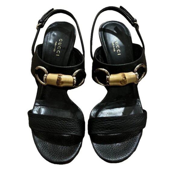 Gucci Black Leather Horsebit Heeled Sandals - Picture 1 of 7